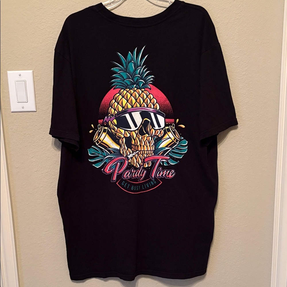 Black Pardy Time Graphic Tee with Pineapple Skull Design